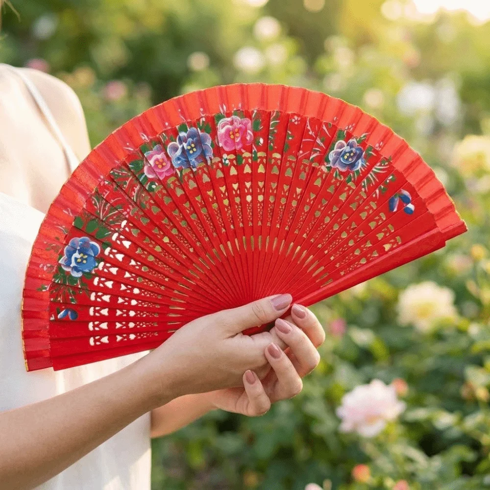 Hand Crafted Antique Spanish Wooden Fan Traditional Classic Hand-painted Fan Colorful Decorative Folding Fan for Dancing