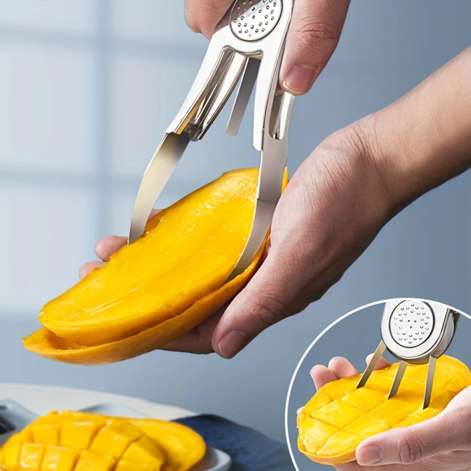 1 PCS Multi-Fruit Stainless Steel Pitter & Slicer - Mango, Watermelon, Papaya & Cantaloupe Cutter - Durable Tool with Easy-Grip 