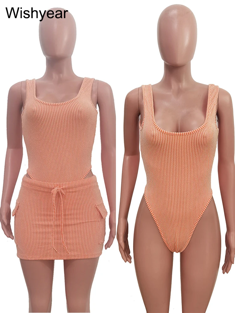 Swimsuit Summer Two 2 Pieces Set Women Knitted Ribbed Bodysuits Tank Tops and Drawstring Mini Skirts with Pocket Beach Outfits