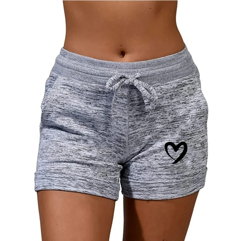 Summer Women's Shorts Love Heart Printed Casual Sports High Waist Drawstring Stretch Fitness Female Shorts 6 Colors 5XL