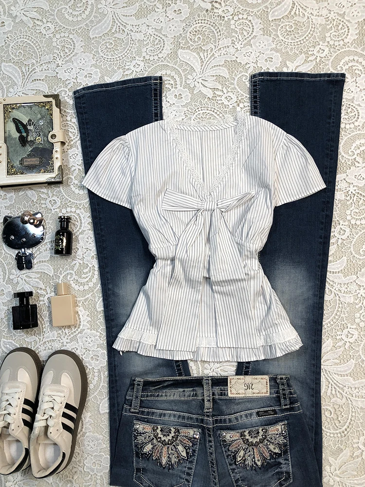 Original Sweet Sle Abnehmen Weiß Gestreifte Taille-Cinching V-ne ort Sve irt für Frauen Faionable Herbst Baumwollmischung