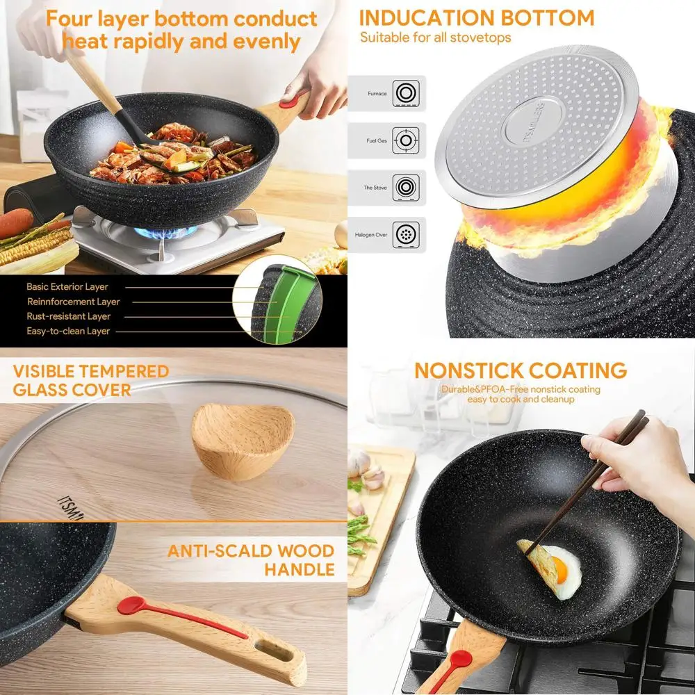 

12 Inch Aluminum Die-Cast Nonstick Chinese Wok with Lid, Spatula, Scratch-Resistant, PFOA-Free, Dishwasher-Safe, Induction-Ready