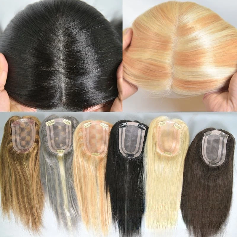 Hand Tied Human Hair Topper For Women Mono Pu Base 4x6inch 14inch Middle Part High Temperature Resistant