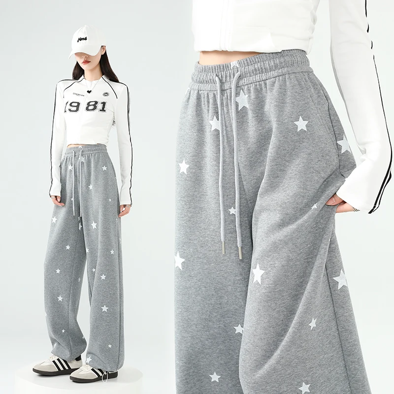 Autumn Winter Women High Waist Long Pants High Quality Five-pointed Star Print Wide Leg Loose Fit Pants Casual Sweat Trousers