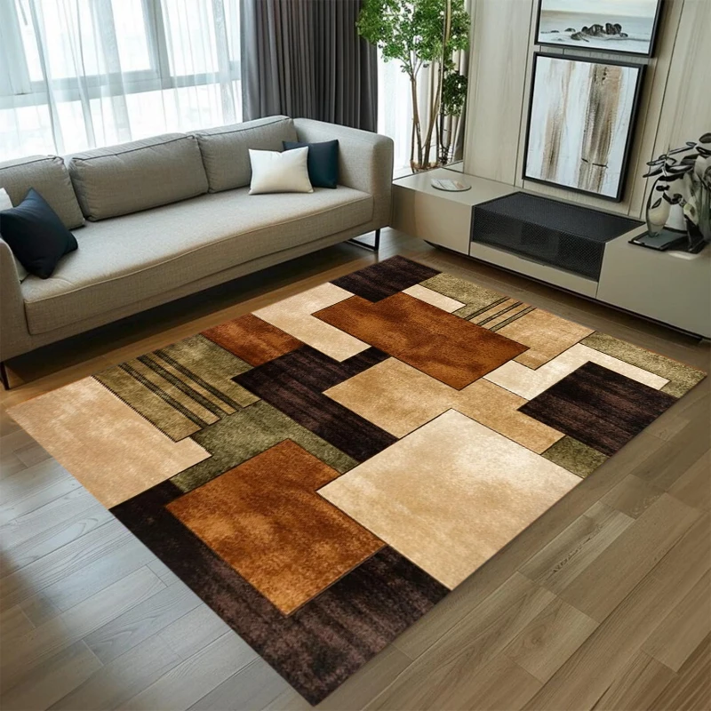 Soft NonSlip Geometric Carpet Brown Beige Patchwork Area Rug for Living Room Bedroom Easy Clean Modern Home Floor Decor