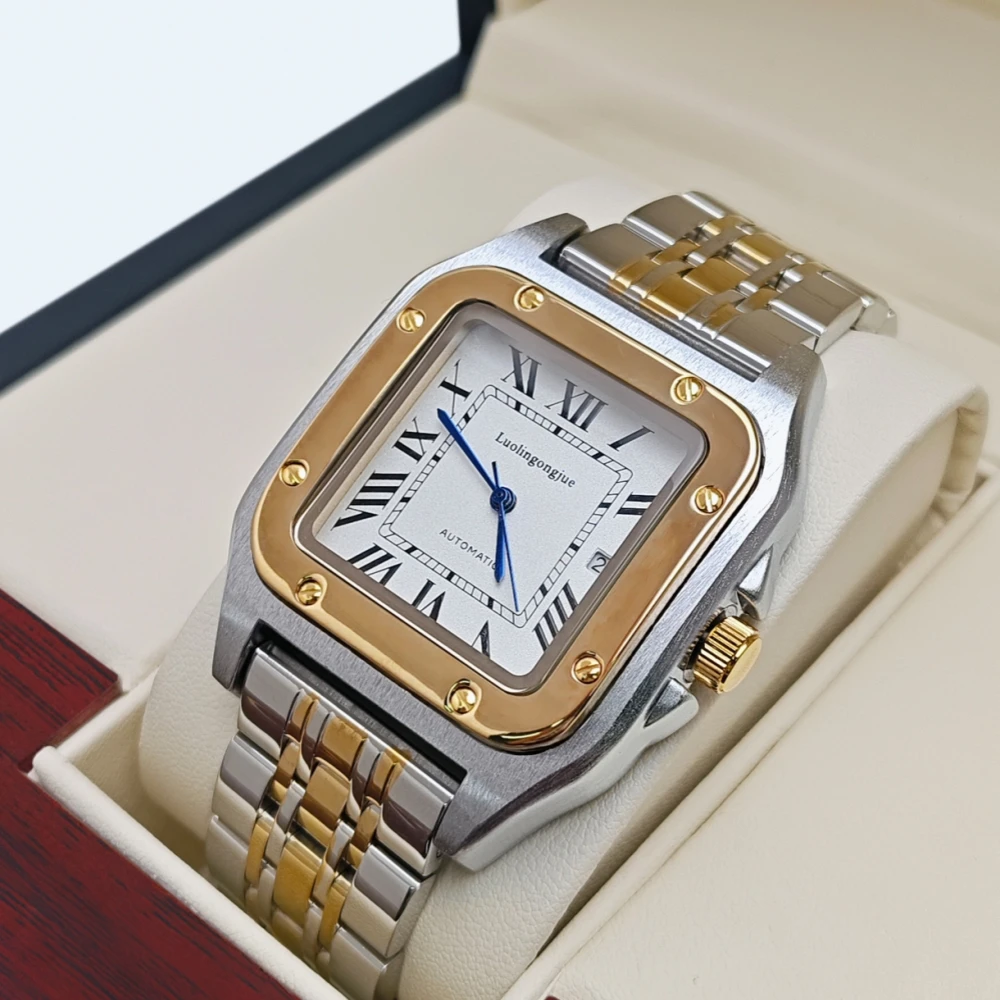 ساعة ميكانيكية رجالية مربعة أصلية جديدة عالية الجودة، لف تلقائي، تصميم هيكل عظمي، حزام من الفولاذ المقاوم للصدأ، مع عرض التقويم، سلسلة تانك على الطراز الأوروبي والأمريكي، ساعة رجالية عصرية للأولاد في عيد الحب