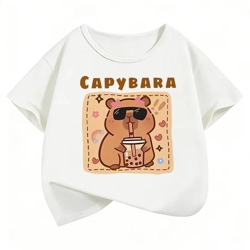 Funny Capybara Drinking Juice Design T Shirts Manga Kids Children's T-shirt Boys Girls Summer Spring Casual Top Tee