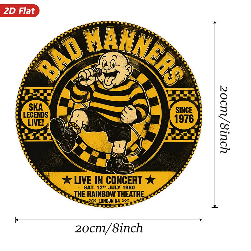 2D Flat, 1pc Ska Punk Tribute Round Metal Sign Wall Art, Bad Manners Text, Singing Cartoon Figure, Home Decor, Microphone In Han