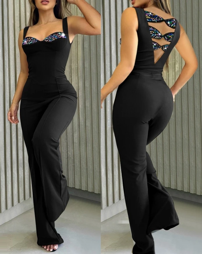 

V Neck Sleeveless Contrast Sequin Jumpsuit Sexy Back Hollow-out Waisted Romper