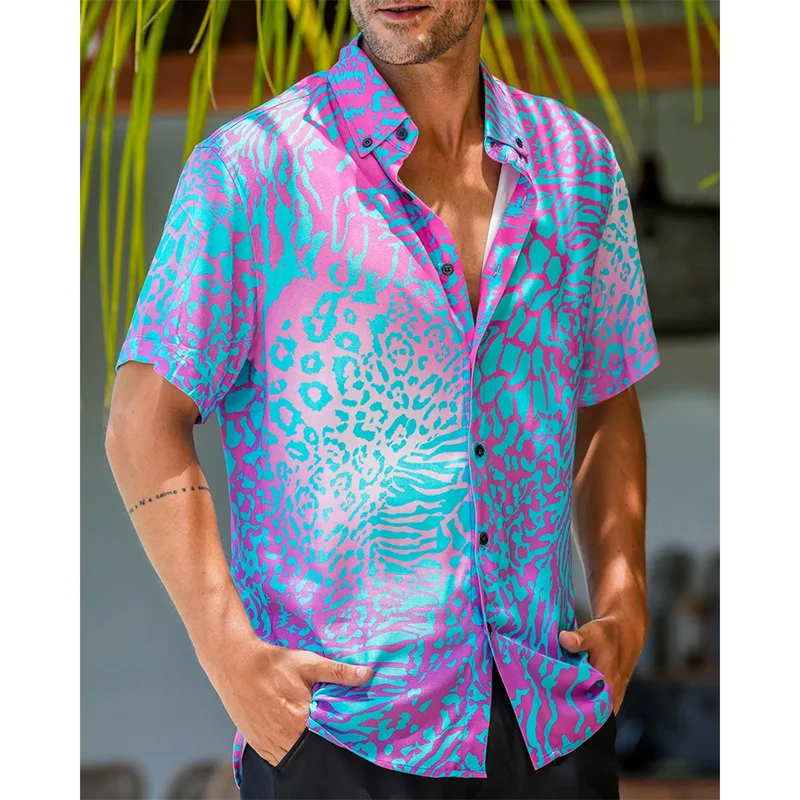 

Tropical Style Wave Print Shirt Men's Clothing Loose Casual Button Up Hawaiian Shirt Short Sleeve Summer Beach Vacation Blouse