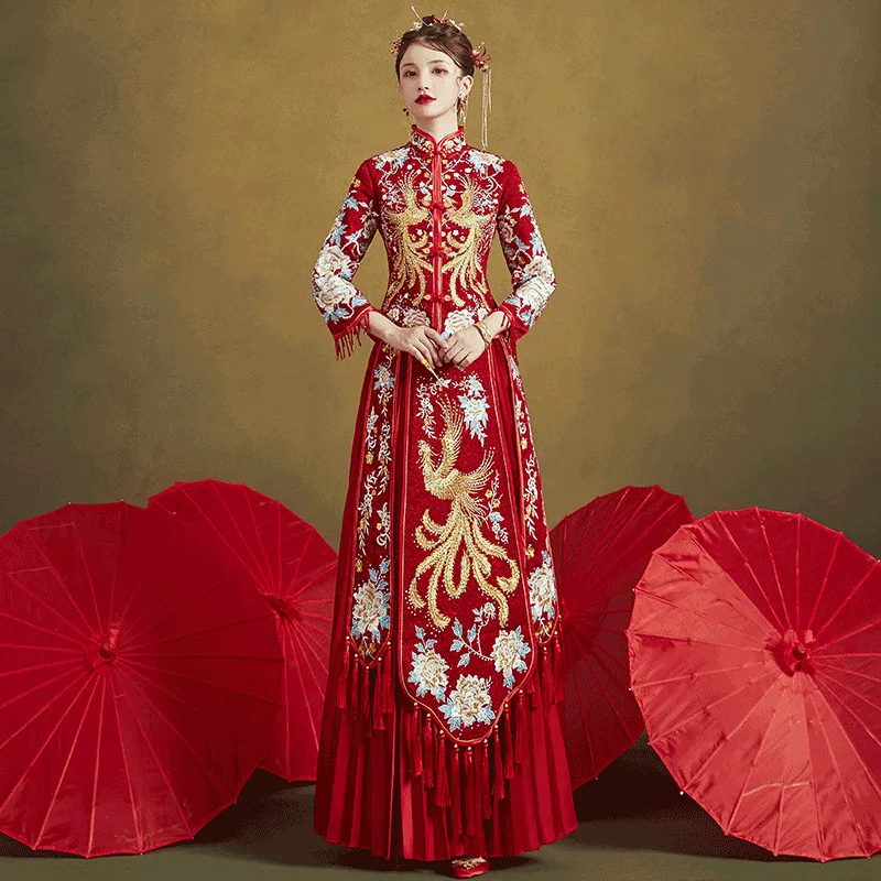 Bride Summer Toast Dress Chinese Wedding Show Kimono Dragon Phoenix Gown Wedding Dress