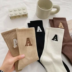 Women's Cotton Socks White Socks Embroidered with Letter A Solid Color Sports Socks Cotton Autumn and Winter