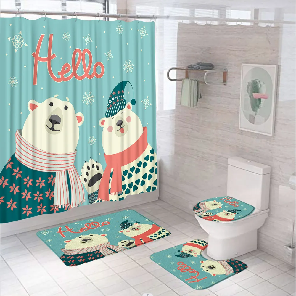 Cartoon Santa Claus Snowman Bathroom Sets Shower Curtain Rug Bath Mat Toilet Cover Xmas Tree Balls City Buildings Bath Curtains