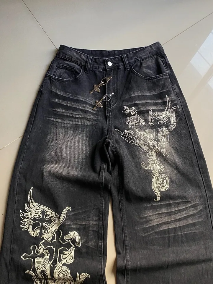 American New Fashion Oversized Print Black Old Baggy Jeans Women Y2K Harajuku Hip Hop Popular Casual Joker Wide-leg Pants, image 5