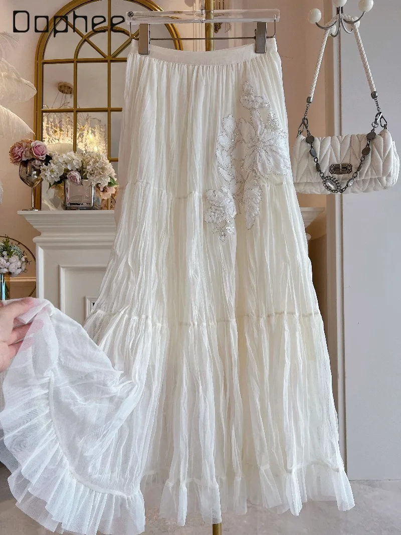 

Юбка А-силуэта с высокой талией, расшитая бисером и стразами, плиссированная, утягивающая, во французском стиле, элегантная, средней длины, в стиле феи, пышная