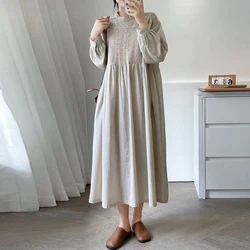 Johnature Japanese Vintage Lace Stitching Long-sleeved Cotton Dress Women Autumn New Round Neck Loose Solid Color Dresses 2024