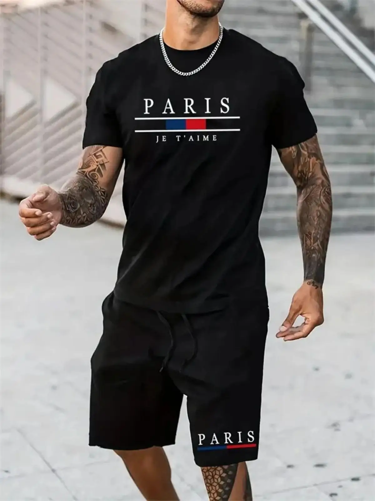 

Fashionable men's pris printed pattern casual soft top outdoor quick drying shorts outdoor urban men's breathable round neck T s