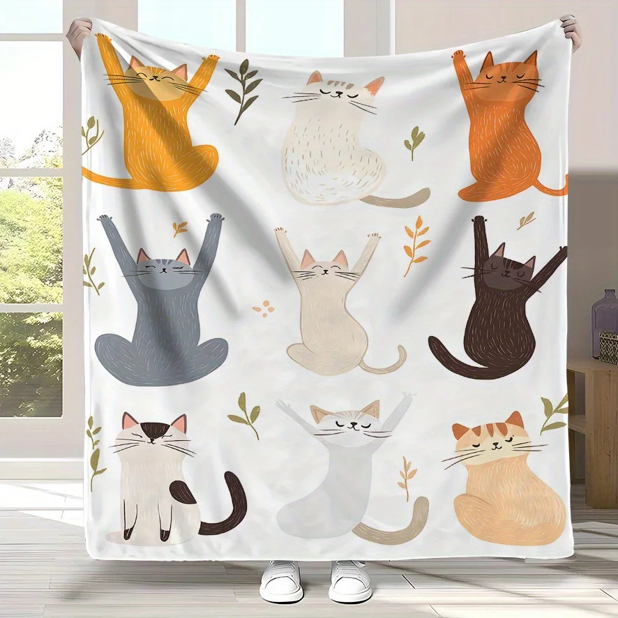 

1pc Cute cat print blanket, polyester fabric, machine washable, suitable for bedroom and living room decoration