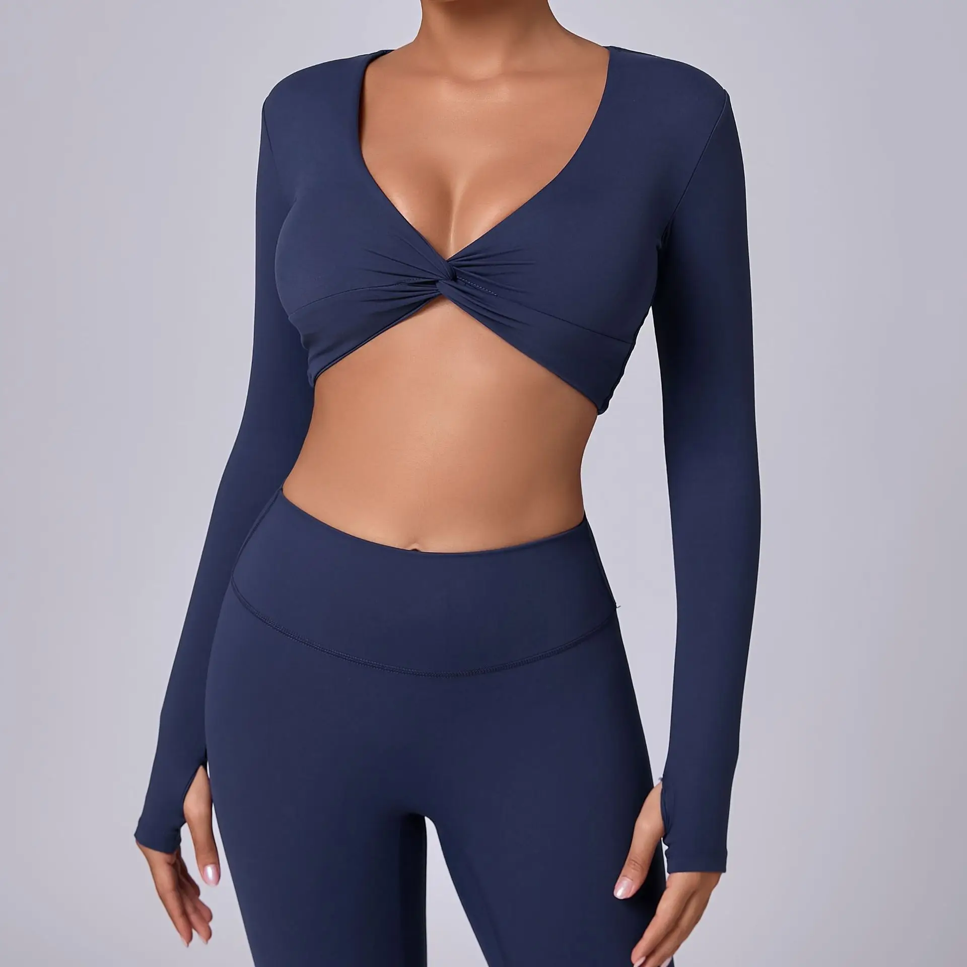 Sexy Deep Low Cut Women's Yoga Shirt With Removeable Chest Pads Long-Sleeved Short Type Sports Fitness Shirt Tight Elastic