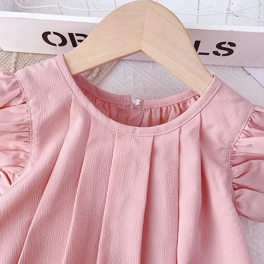 3-7Y Baby Girls Princess Dresses Round Neck Summer Solid Color Kids Dress Flying Sleeve Pleated Pink Girl Clothes