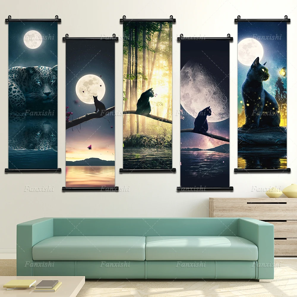 

Cat Moon and Stars Animal Poster Scroll Hanging Painting Wall Art Canvas Print Hd Wall Pictures for Living Room Home Decoration