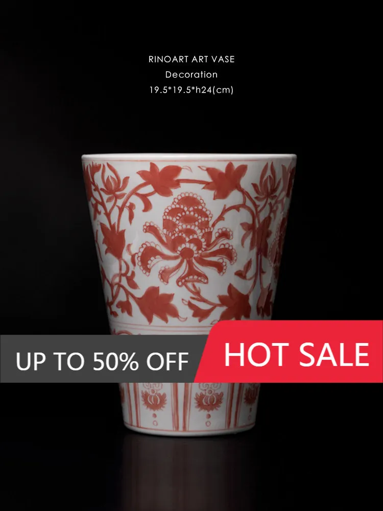 Red Floral Pattern Flower Pot Ceramic 24cm Tall White Porcelain Flower Plant Pot Decorative Large Flowerpot Living Room Decor