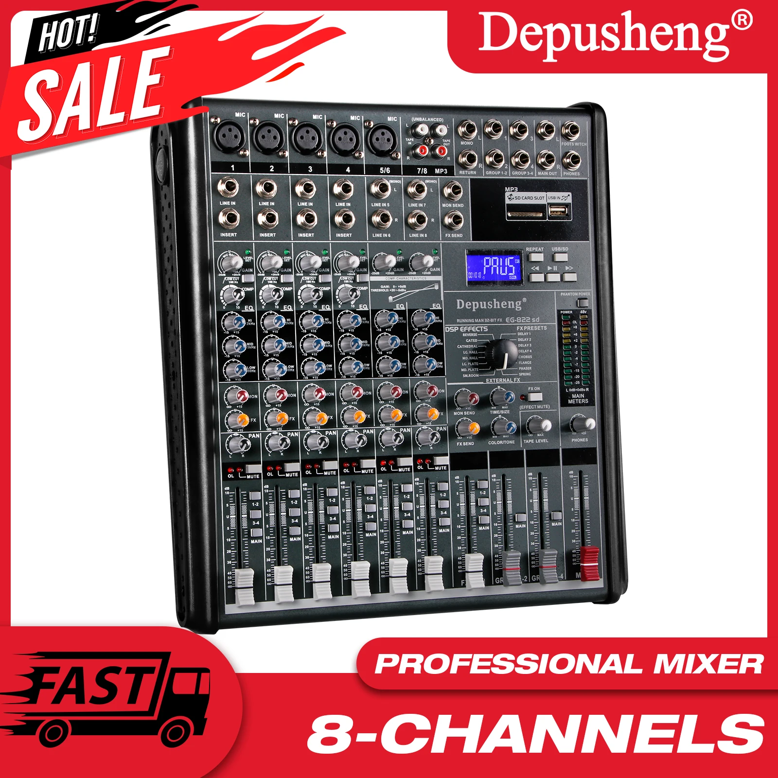 Professional 8-Channel Mixing Console Stage With USB Interface Built In Reverberation Effect Volume Control For Studio Recording