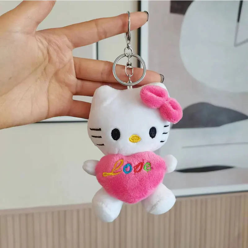 Bow Hello Kitty Hold Love Plush Keychains Kawaii Cartoon Sanrioed Kt Cat Plush Toy Keyring Backpack Pendant Decoration