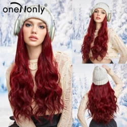 oneNonly Red Wavey Hat wigs Cap Ski Connect Synthetic Wigs Hair for Women Daily Party Use High Resistant Hair