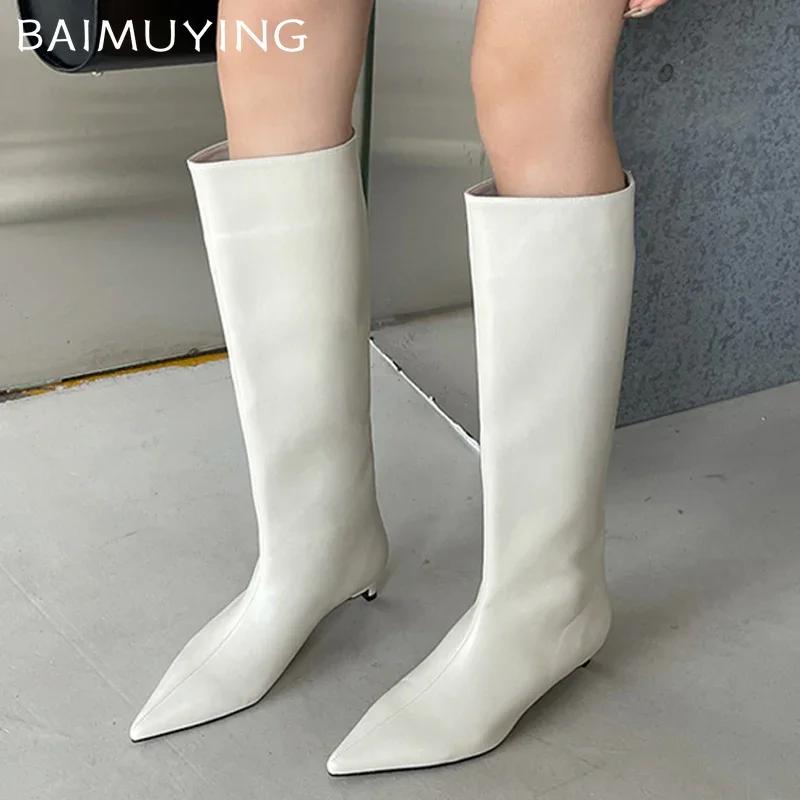 Pointed Toe Women High Boots Fashion Leather Mid Heels Shoes New Brand 2025 Trend Winter Knee High Motorcycle Botas De Mujer