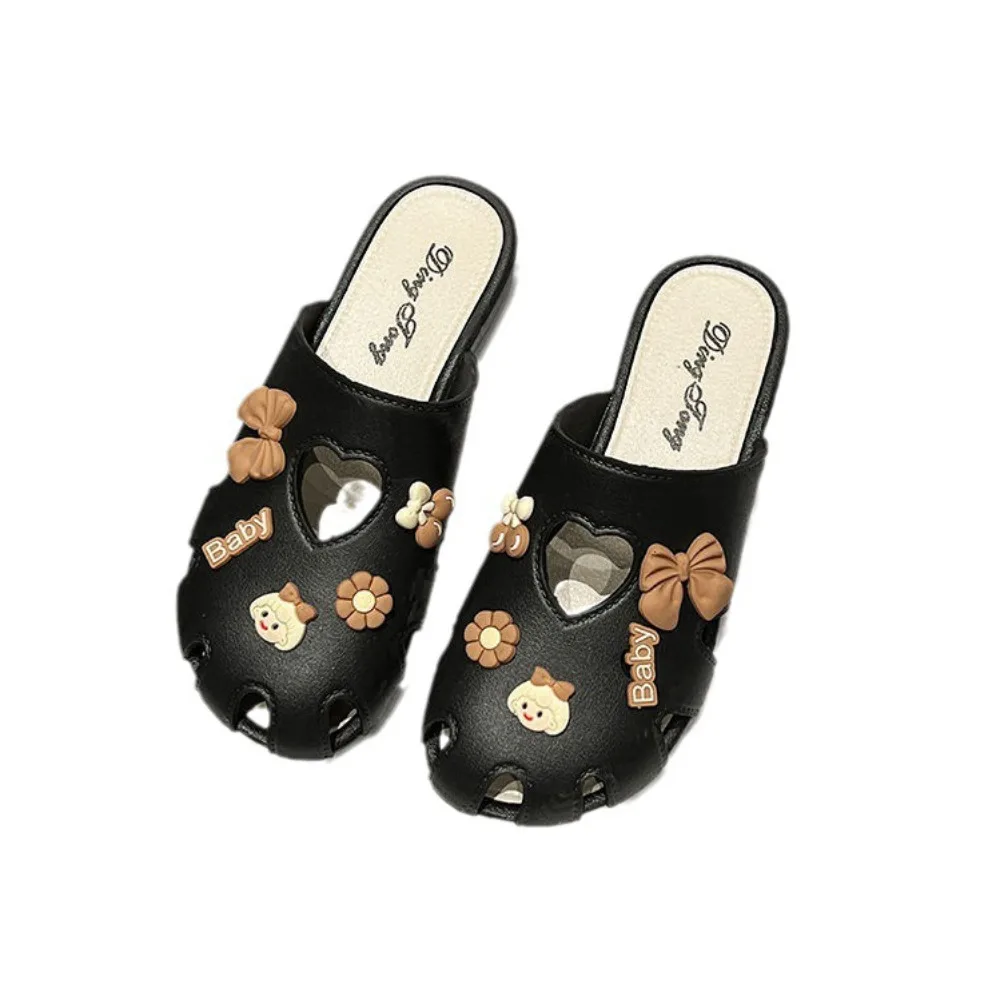 

Casual Kawaii Leather Slippers Women Flower Bow Non-slip Slides Sandals Shoes Cover Toe Beach Hole Slippers Girl