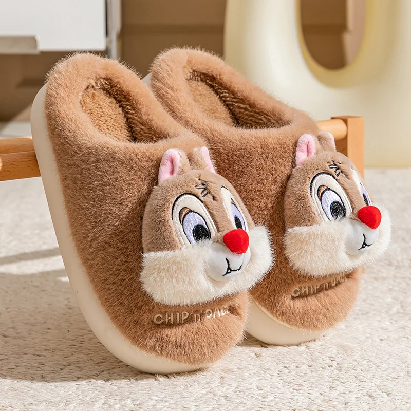 Disney Anime Chip Dale Plush Slippers Cartoon Cute Girl Winter Warm Non Slip Cotton Slippers Indoor Home Couple Shoes