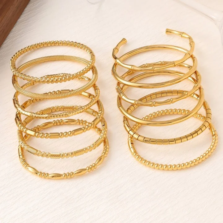 

18K Gold Plated Stainless Steel Bangle Set 60mm Inner Diameter Minimalist Adjustable Open Cuff Random Assorted Styles