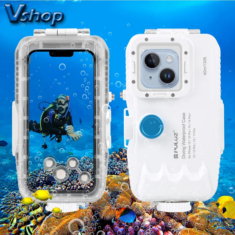 

PULUZ 40m 130ft Waterproof Diving Case for iPhone 12 13 14 15 Pro with One-way Valve Photo Video Taking Underwater Housing Cover