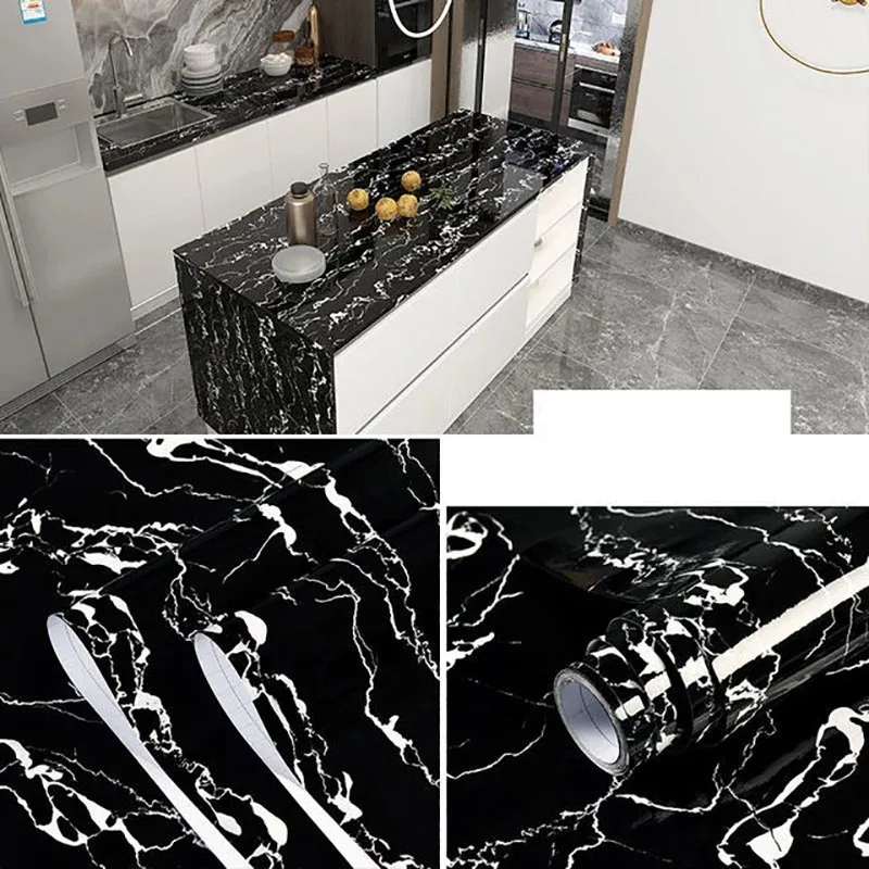 1 Roll of Heat-resistant Black Marble Wall Sticker Wallpaper Tile Wall Stickers PVC Greaseproof Stickers Self-adhesive Wallpaper