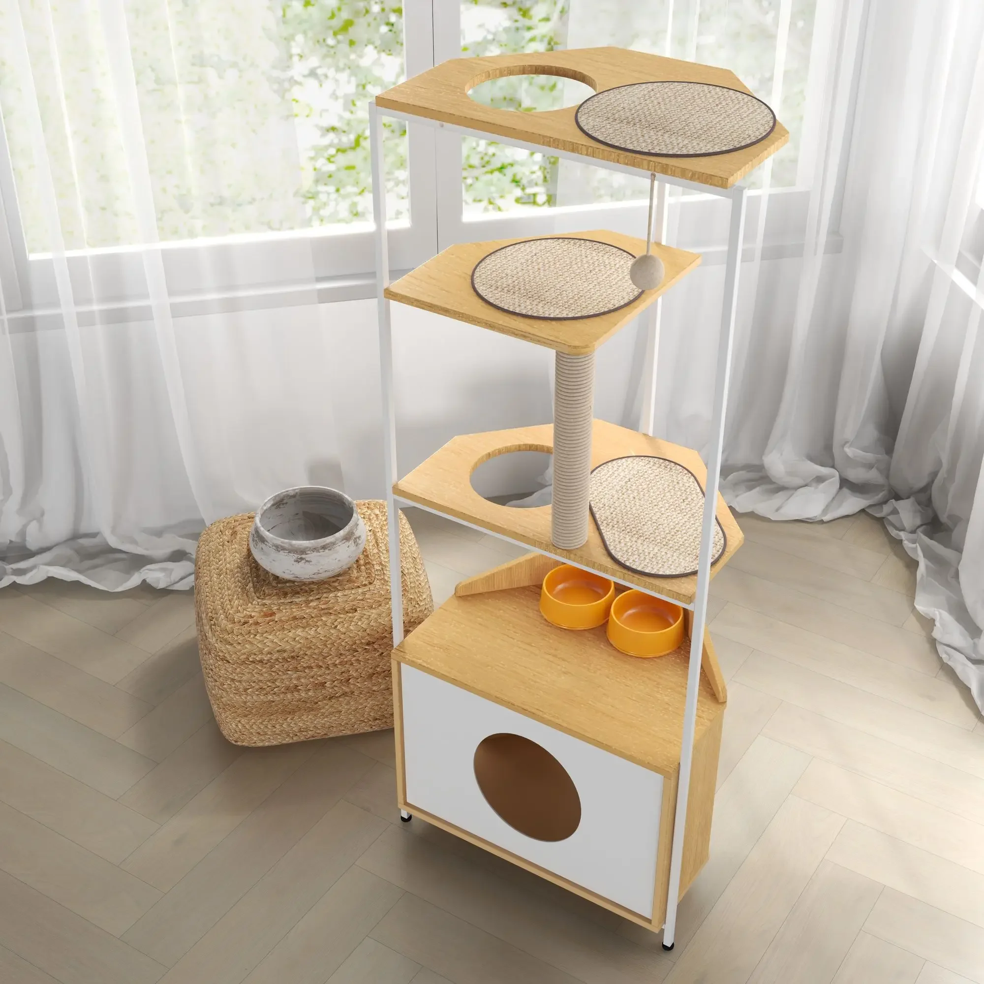 Corner cat tower, cat condo with feeding station and climbing platform, indoor cat pet furniture