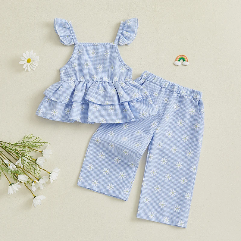 

1-4 Years Toddler Girls 2 Piece Outfits Plaid Floral Print Ruffled Fly Sleeve Tops and Elastic Pants Set Baby Summer Clothes