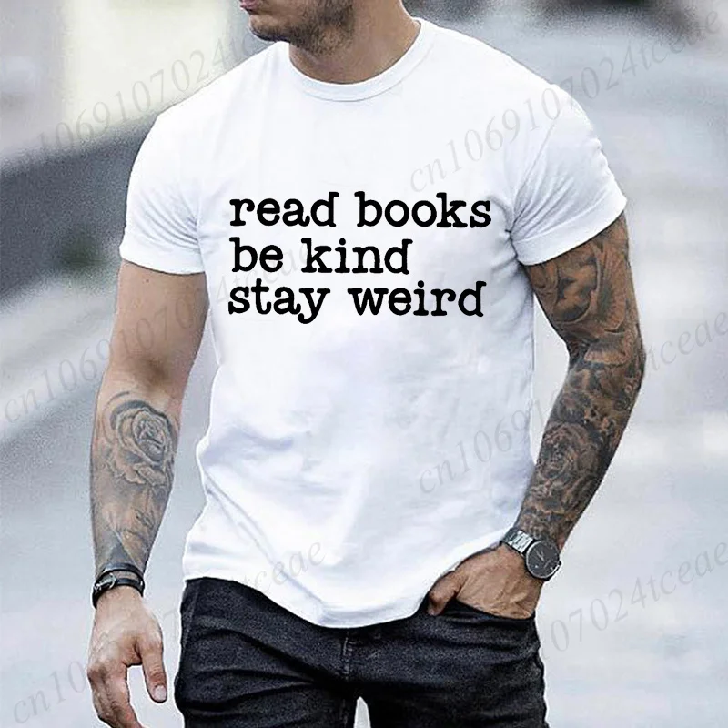 Buchliebhaber-Slogan Grafik Herren T-Shirt „Lesen Sie Bücher, Seien Sie freundlich, Bleiben Sie seltsam“ Aufdruck Kurzarm O-Ausschnitt Lässige Lose Oberteile Damen T-Shirts – Detail 4