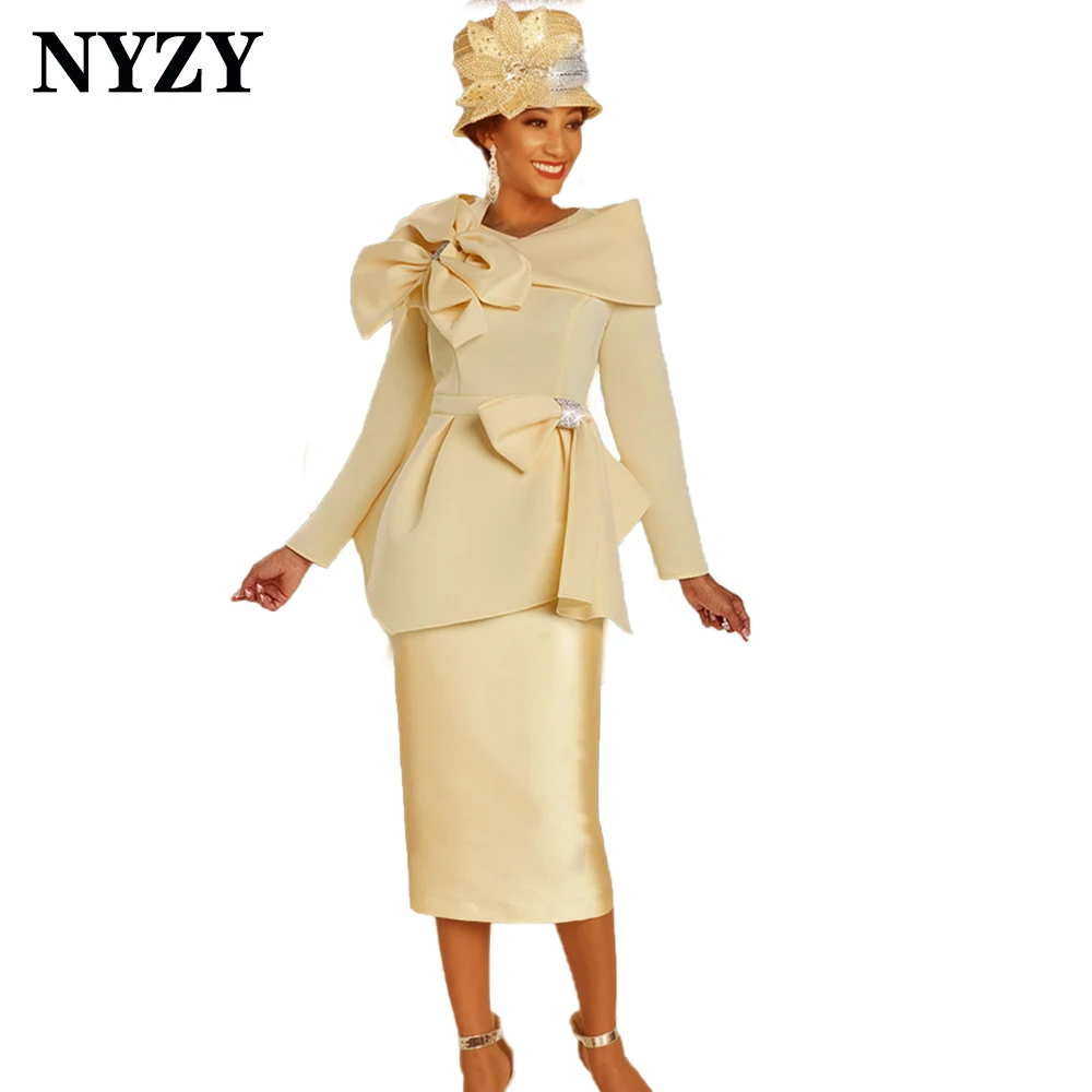 NYZY M416 Elegantes, langärmliges, knielanges Kleid für die Brautmutter, Party, Cocktail, Patin, Kirchenkleid 2025,