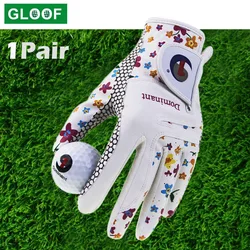 Golfhandschuh für Damen, Paar, cooles Leder, beide Hände, Sommer, Blumenmuster, bunt, atmungsaktiv, für rutschfeste Handschuhe, 1 Paar