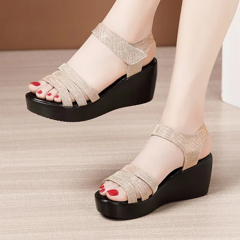 6cm Medium Heels Wedges Shoes for Women 2025 Summer Bling Casual Beach Office Thick Sole Platform Sandals Small Size 32-43