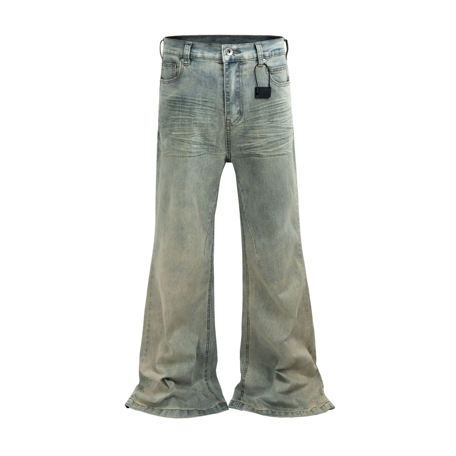 Rick RO distressed washed blue pile-up floor-wear wrinkled cat whiskers slimming flared jeans
