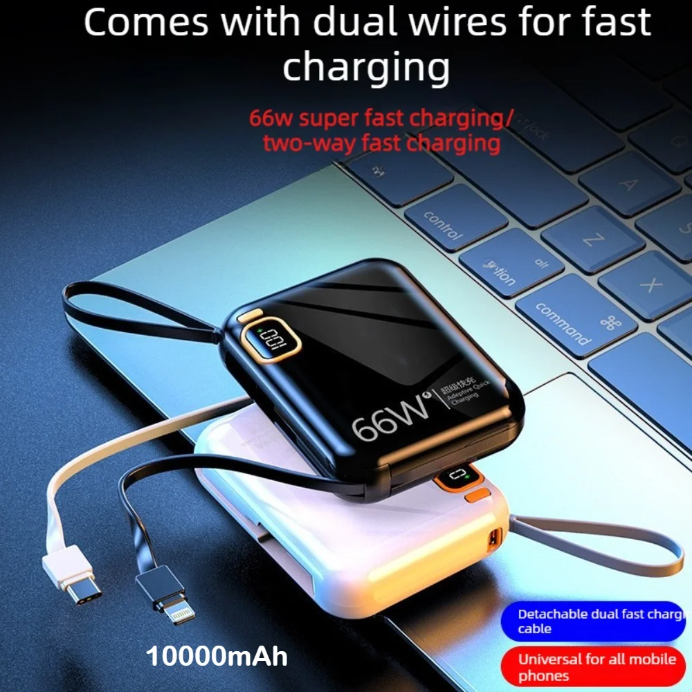 

66W Super Fast Charging Power Bank, Mini Compact 10000mAh Universal Phone Charger with Built-in Cable