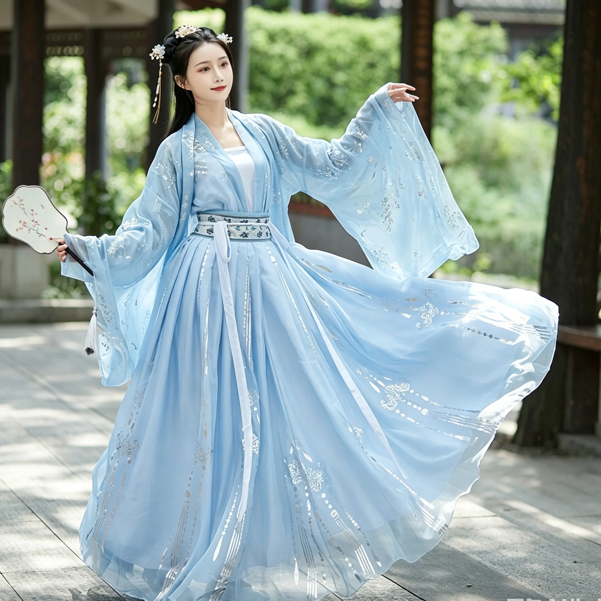 Y2K Women's Light Blue Hanfu Dress 2026New Traditional Chinese Hanfu Chiffon Silver Foil Print Wide Sleeve Elegant Hanfu Costume