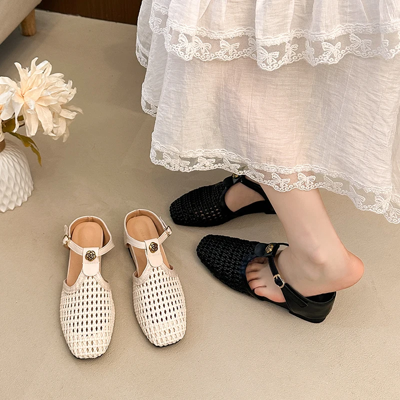 Women's Crochet Hollow Out Mules Sandals Camellia Decor Ankle Strap Closed Toe Breathable Flat Casual Shoes Summer Daily 35-40
