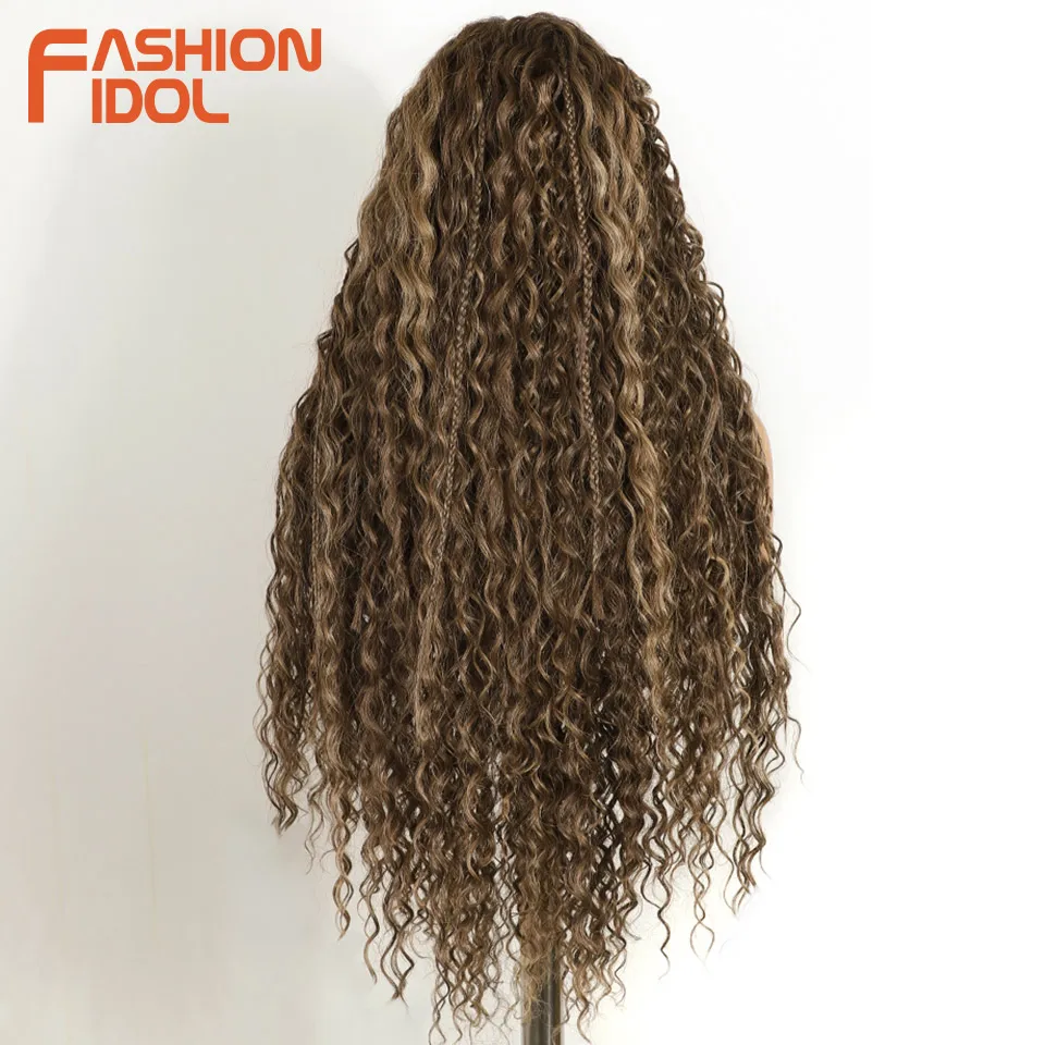 FASHION IDOL Twist Box Braided Lace Wigs Synthetic Brown 13X4 Lace Frontal Wigs For Black Women Goddess Faux Locs Braids Wigs