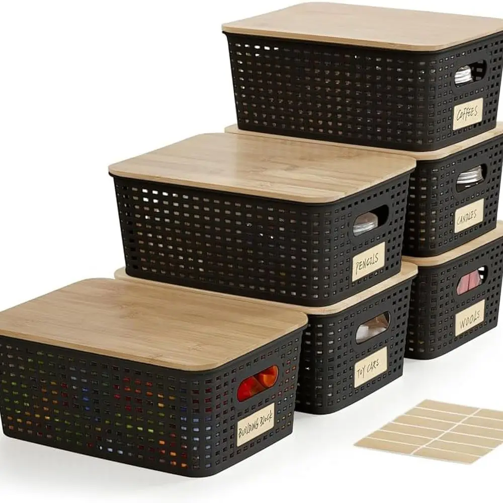 

Маленькие пластиковые контейнеры для хранения с бамбуковыми крышками, штабелируемая коробка 5,2 карата, корзина для кладовой, декоративные контейнеры, милые с этикеткой для Organizi