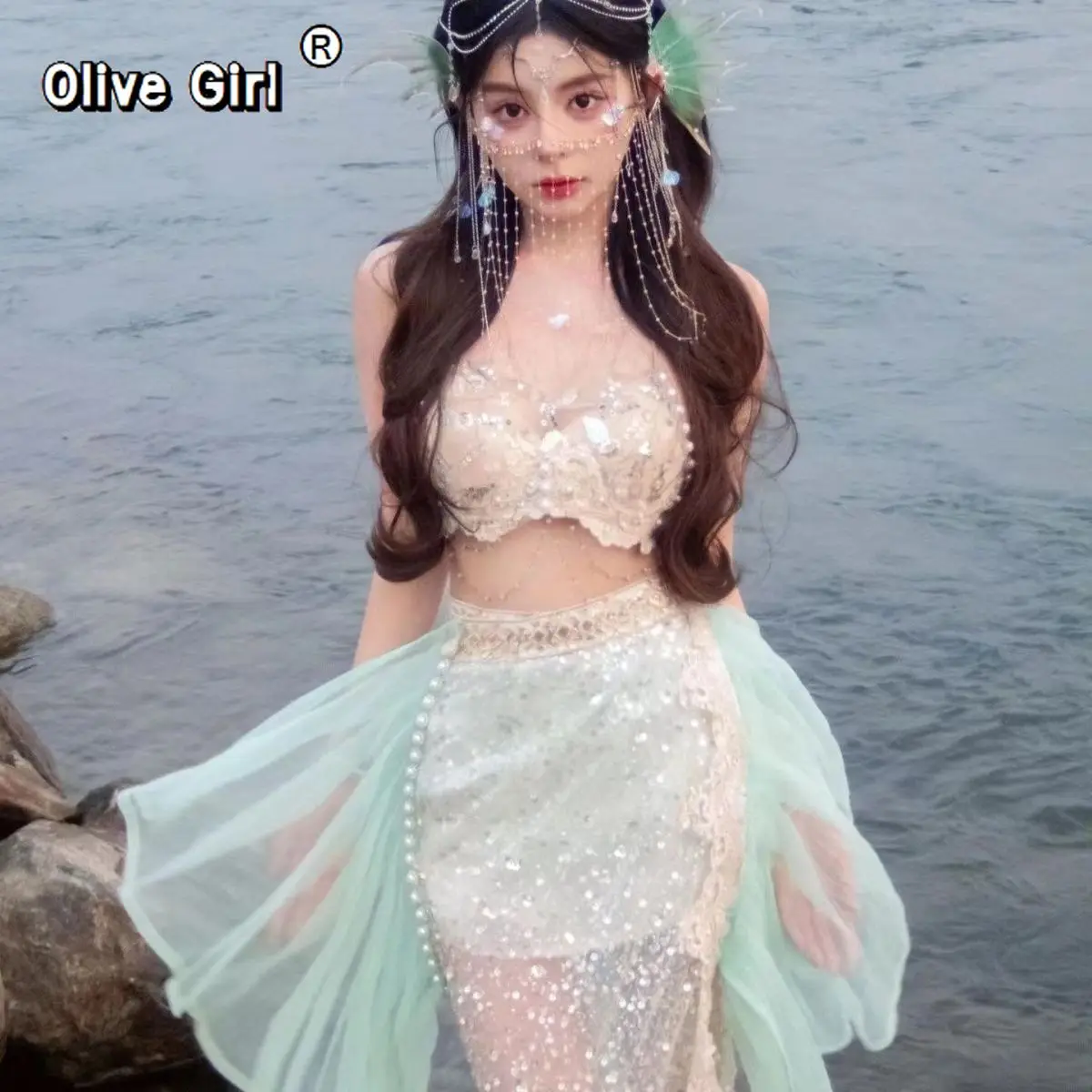 Olivegirl Mermaid Princess's New Costume Mermaid Princess Travel Cosplay Adults Women Halloween Masquerade Dress Up Fancy Dress