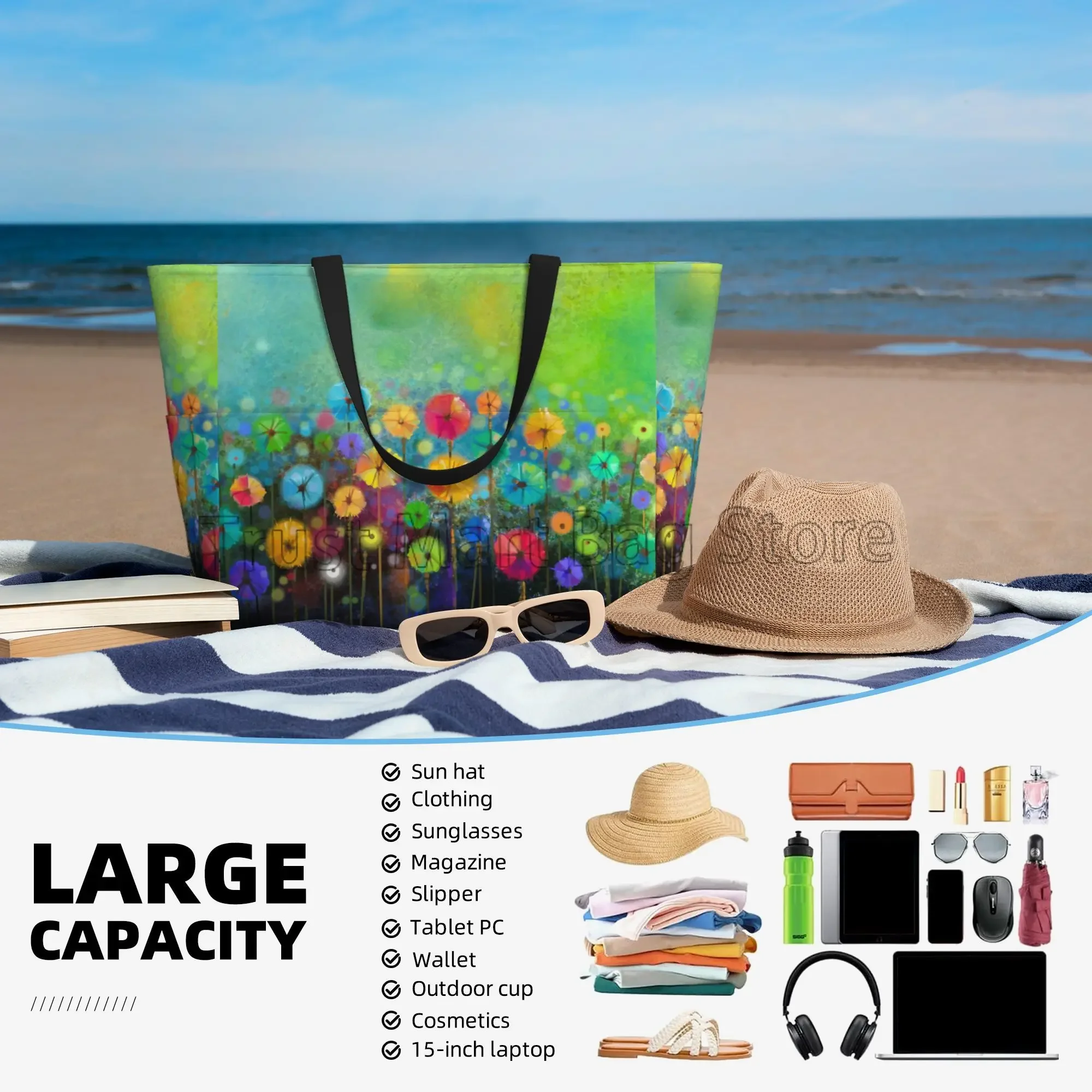 Abstract Flower Floral Watercolor Painting Large Waterproof Beach Bag for Women Sandproof Pool Tote Bag for Travel Vacation Swim