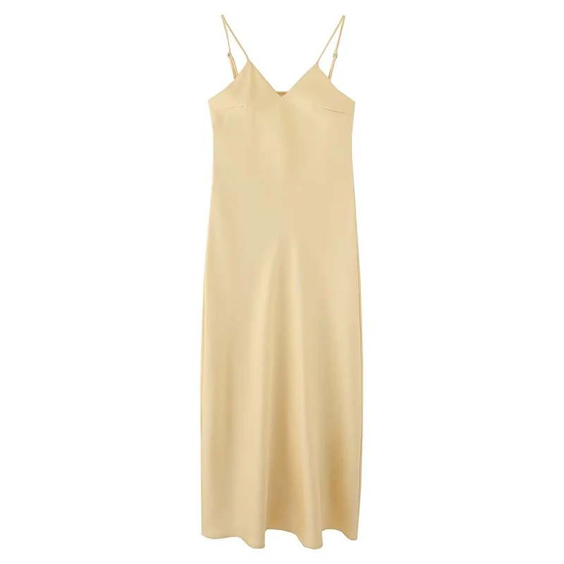 Damen-Slip-Kleid, gelb, Sommer 2022, Damen-Satin, V-Ausschnitt, Partykleider, elegant, sexy, locker, ärmellos, rückenfrei, Bankett, schickes Kleid